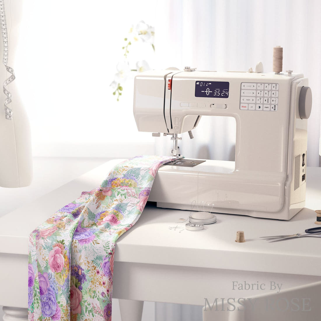 Design 558 Pastel Floral Fabric on a sewing machine – premium fabric for sewing projects | Fabric by Missy Rose