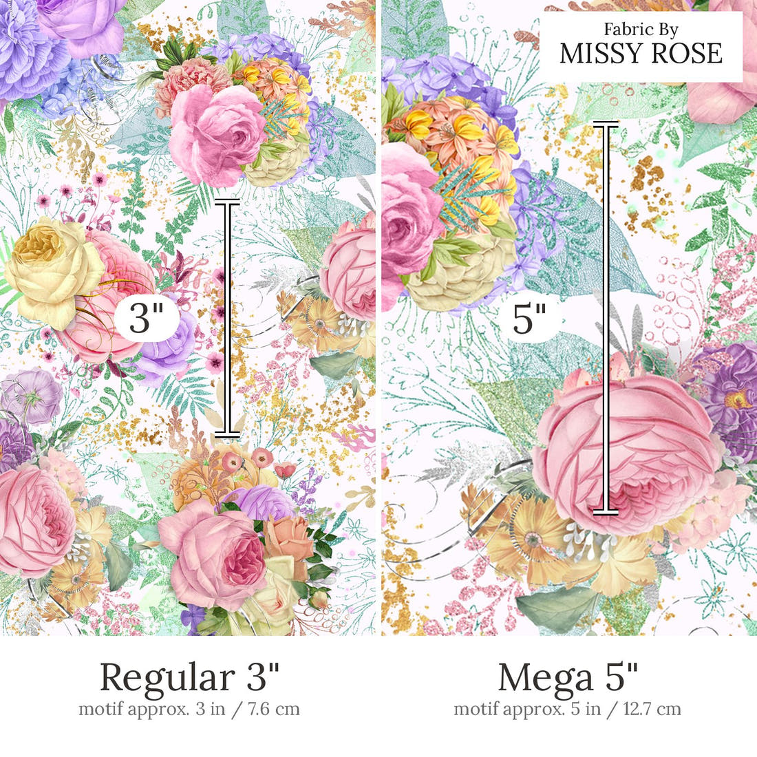 Design 558 Pastel Floral Fabric Regular 3 inch vs Mega 5 inch print scale side by side | Fabric by Missy Rose