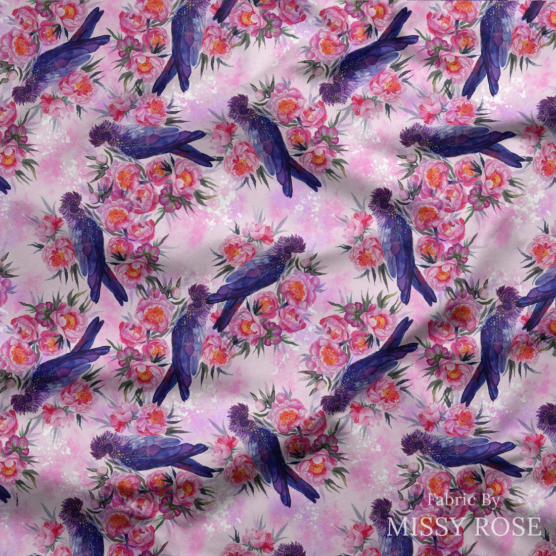 Design 559 Black Cockatoo Fabric draped fabric mockup – custom printed fabric by the metre | Fabric by Missy Rose