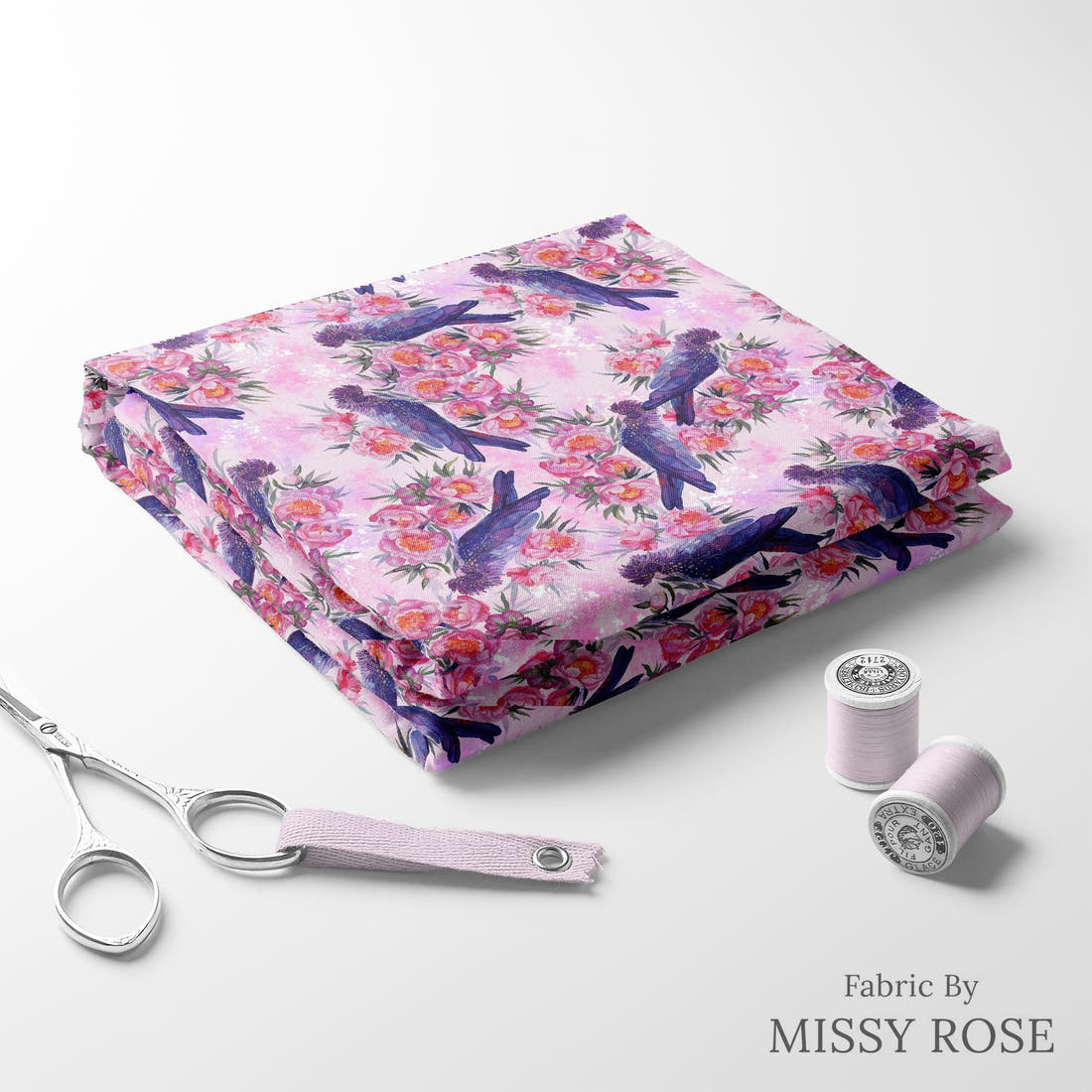 Design 559 Black Cockatoo Fabric folded fabric stack with matching thread – pre-order fabric Australia | Fabric by Missy Rose