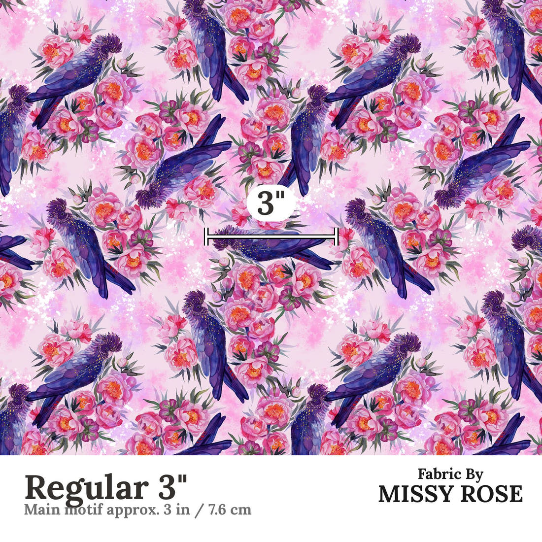 Design 559 Black Cockatoo Fabric Regular 3" - print scale | Fabric by Missy Rose