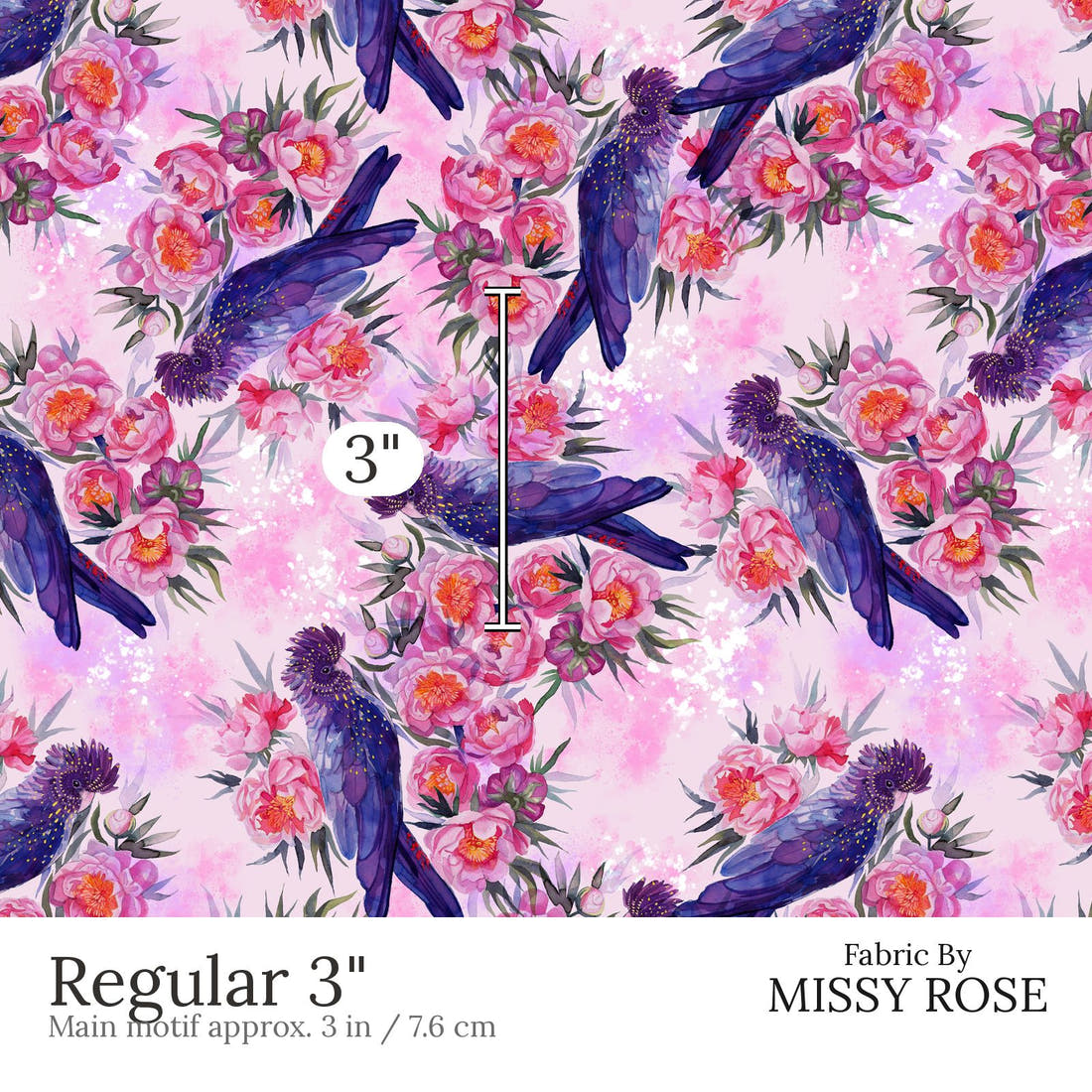 Design 559 Black Cockatoo Fabric Regular 3 inch print scale guide | Fabric by Missy Rose