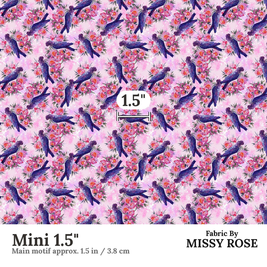 Design 559 Black Cockatoo Fabric Mini 1.5" - print scale | Fabric by Missy Rose