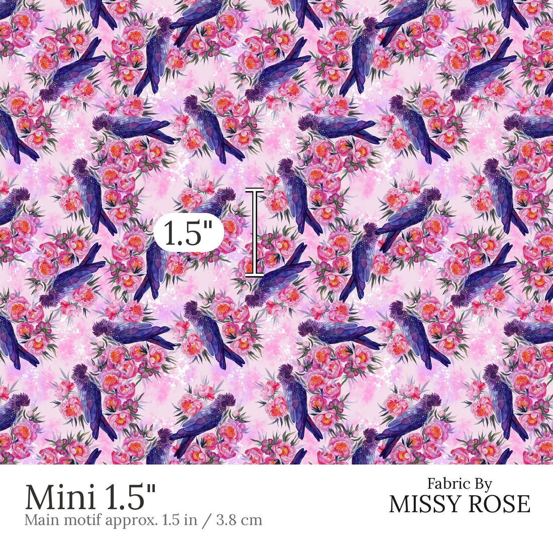 Design 559 Black Cockatoo Fabric Mini 1.5 inch print scale guide | Fabric by Missy Rose