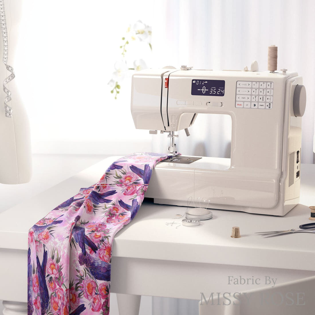 Design 559 Black Cockatoo Fabric on a sewing machine – premium fabric for sewing projects | Fabric by Missy Rose