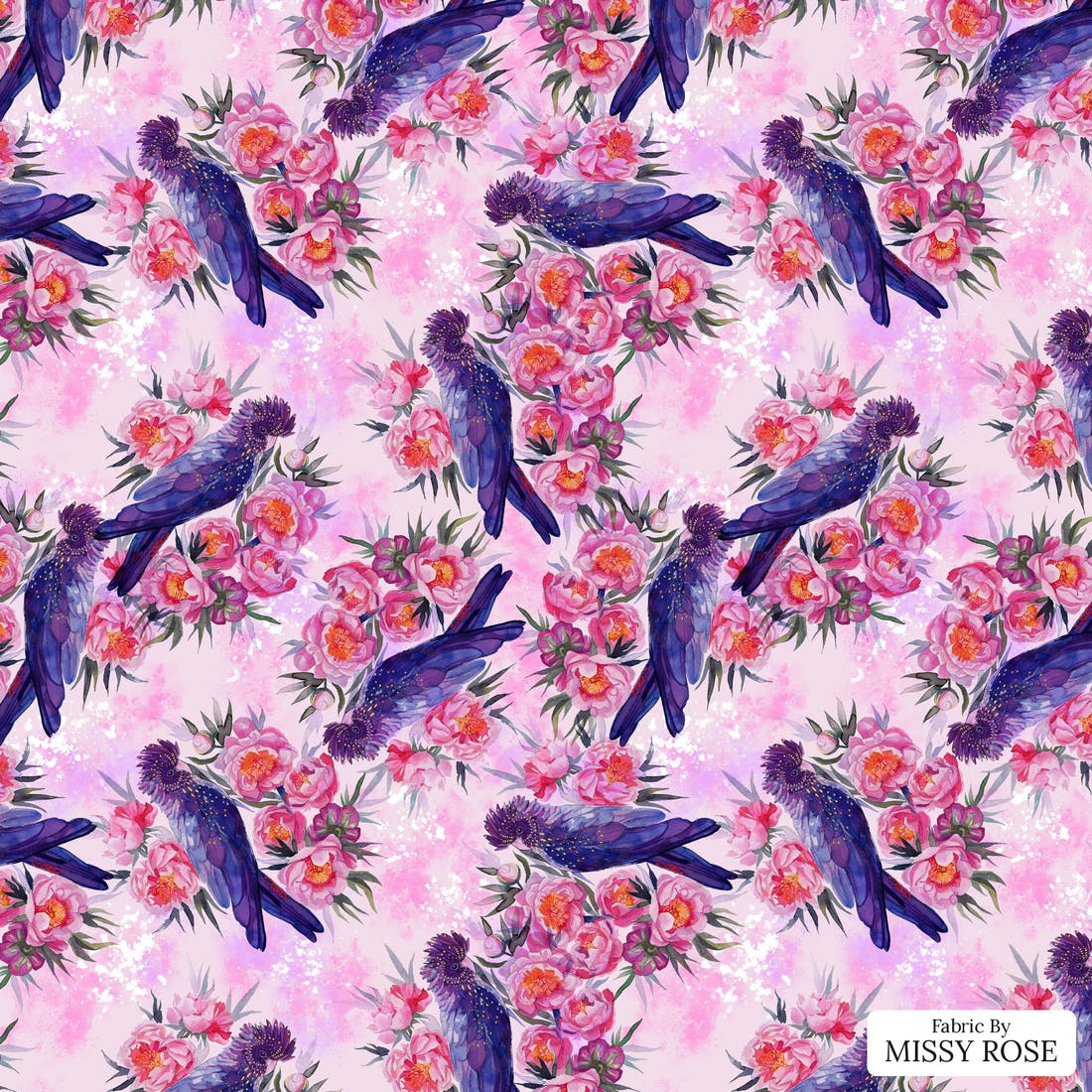 Design 559 Black Cockatoo Fabric - flat view of the print, zoom in for detail | Fabric by Missy Rose