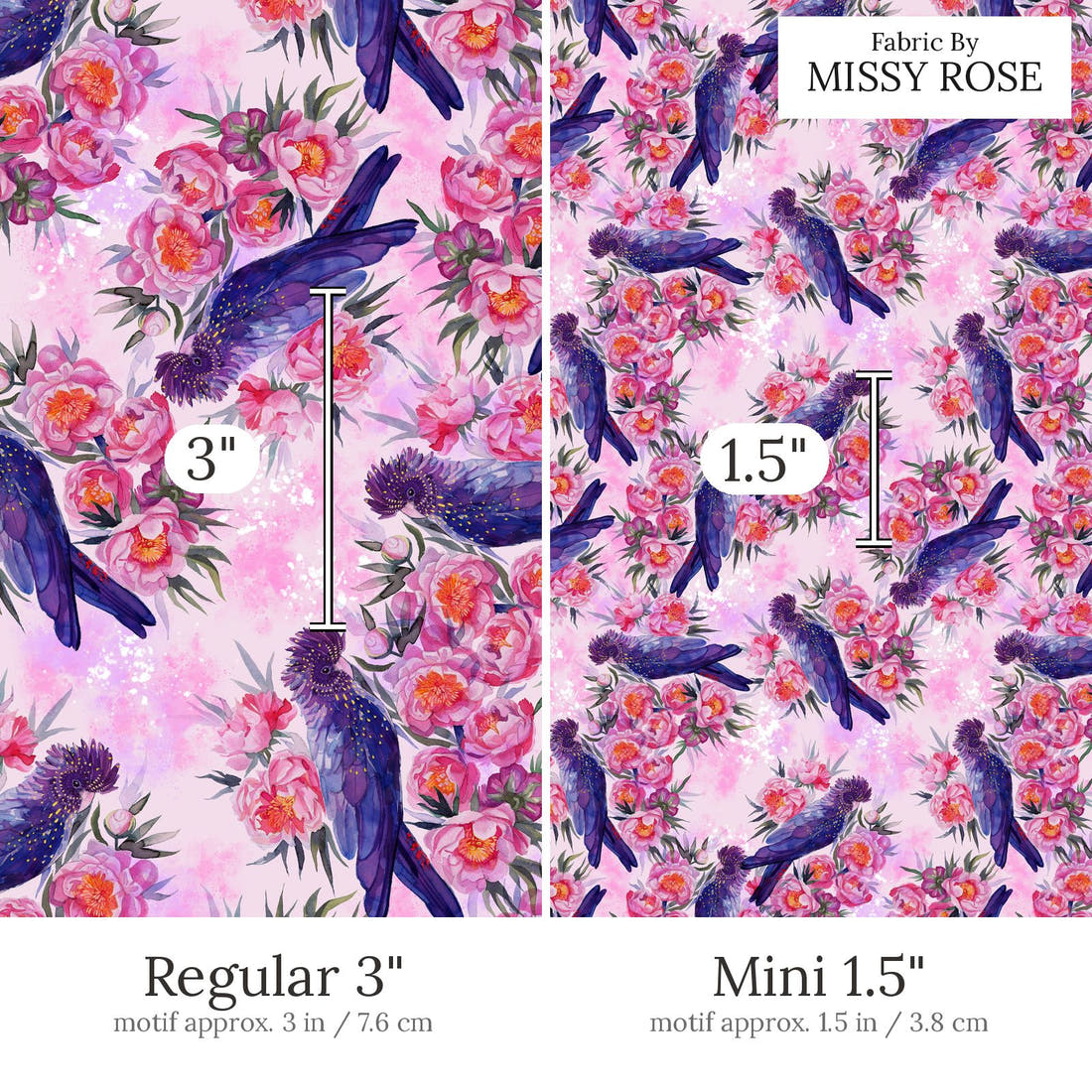 Design 559 Black Cockatoo Fabric Regular 3 inch vs Mini 1.5 inch print scale side by side | Fabric by Missy Rose