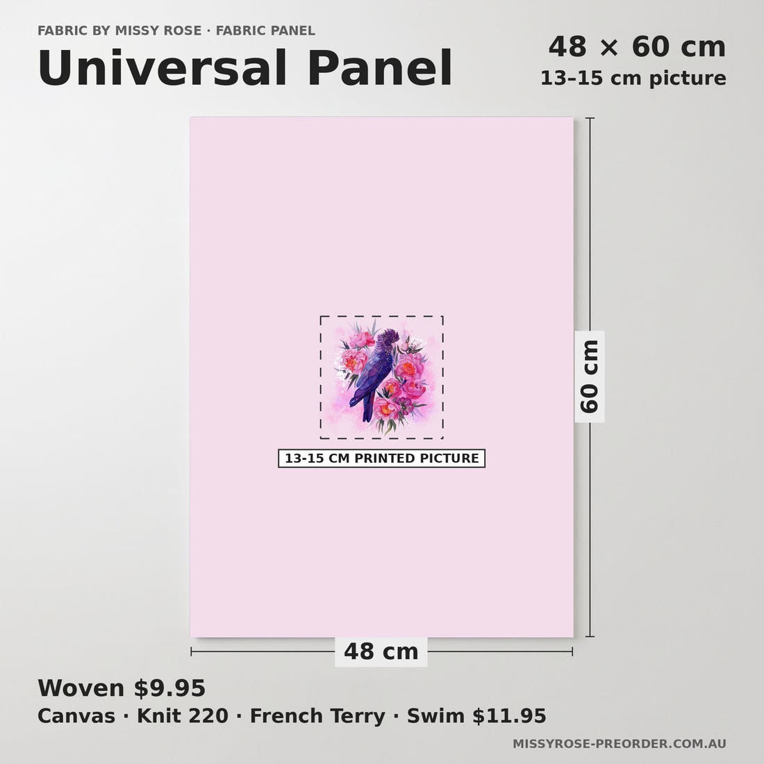 Design 559 Black Cockatoo Panel universal panel sizing – 13–15 cm printed picture on 48 × 60 cm fabric | Fabric by Missy Rose