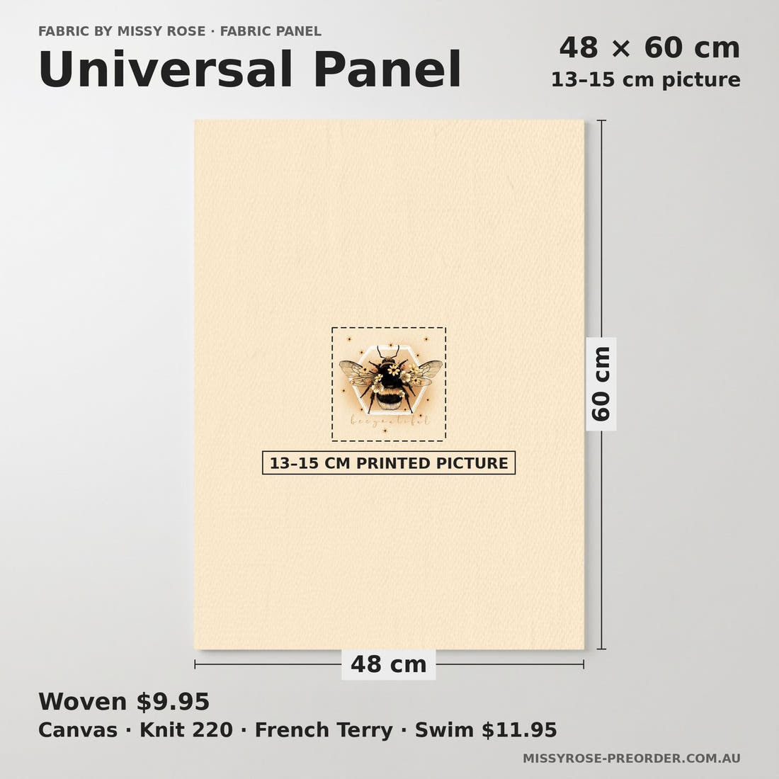 Design 56 Yellow Bee Panel universal panel sizing – 13–15 cm printed picture on 48 × 60 cm fabric | Fabric by Missy Rose
