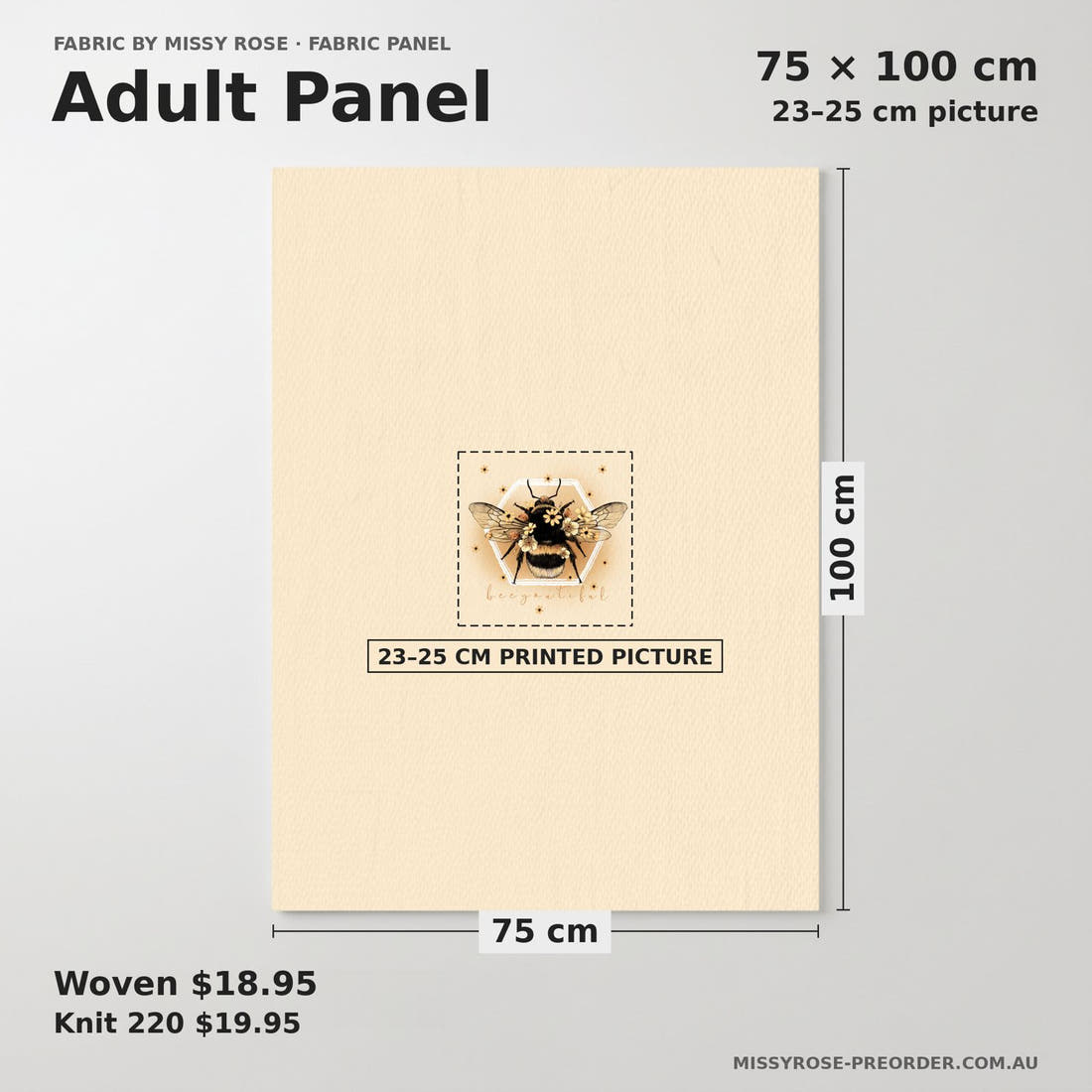 Design 56 Yellow Bee Panel adult panel sizing – 23–25 cm printed picture on 75 × 100 cm fabric | Fabric by Missy Rose