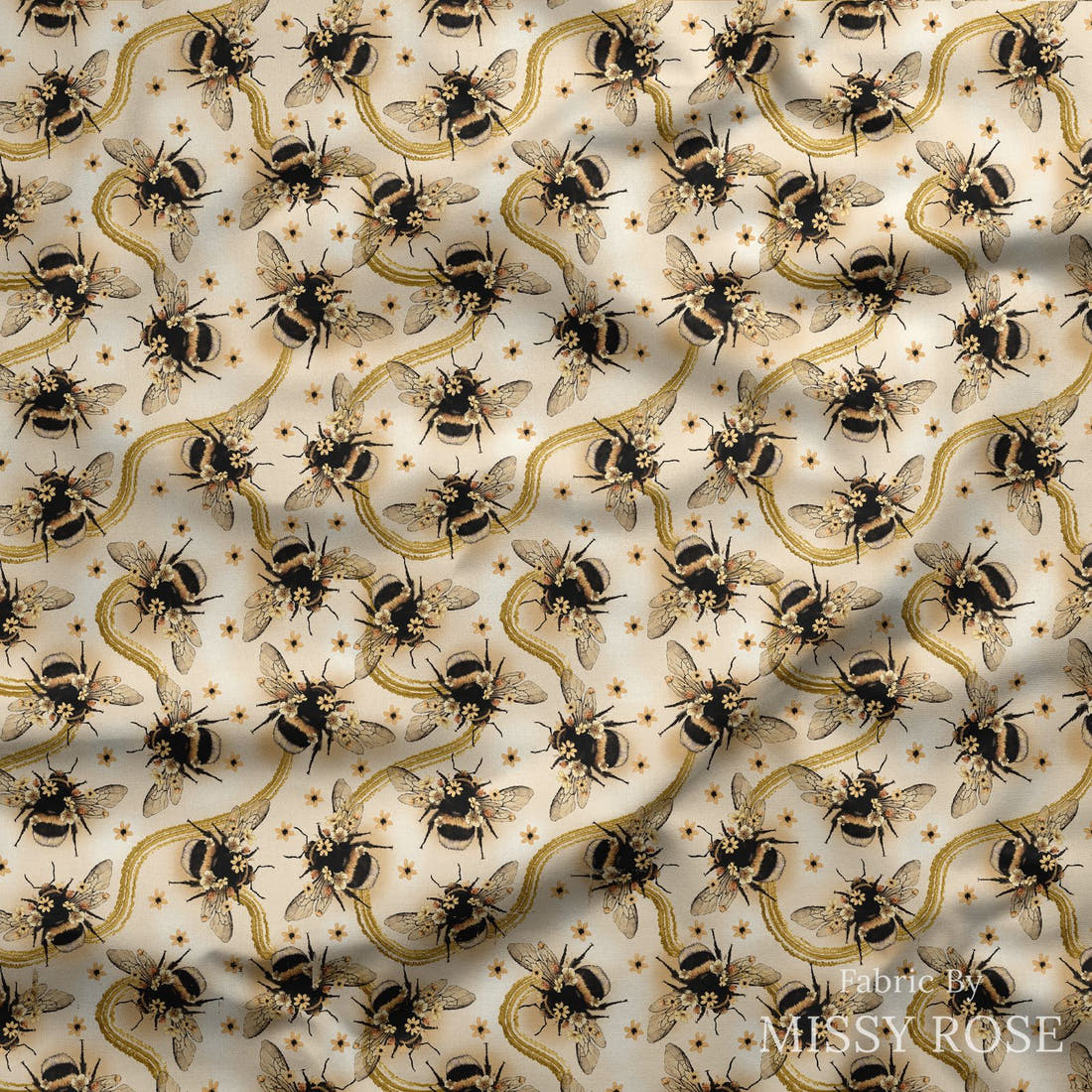 Design 56 Yellow Bee Fabric draped fabric mockup – custom printed fabric by the metre | Fabric by Missy Rose