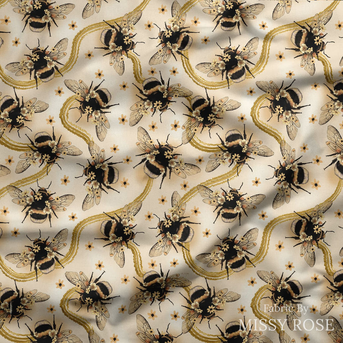 Design 56 Yellow Bee Fabric draped fabric mockup – custom printed fabric by the metre | Fabric by Missy Rose