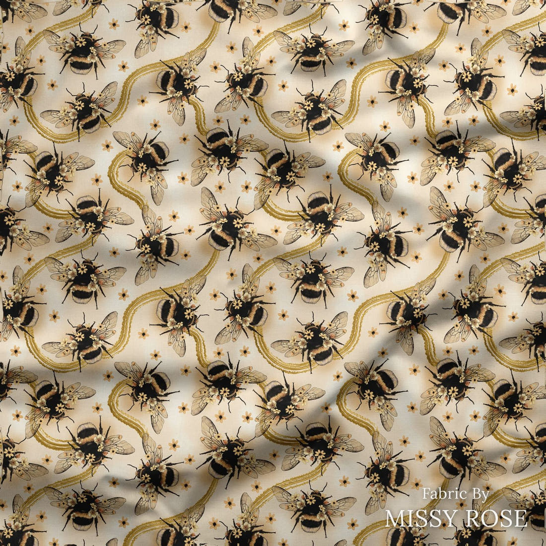 Design 56 Yellow Bee Fabric draped fabric mockup – custom printed fabric by the metre | Fabric by Missy Rose