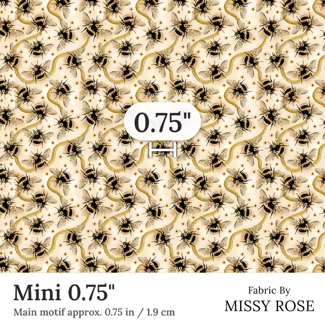 Design 56 Yellow Bee Fabric Mini 0.75 inch print scale guide | Fabric by Missy Rose