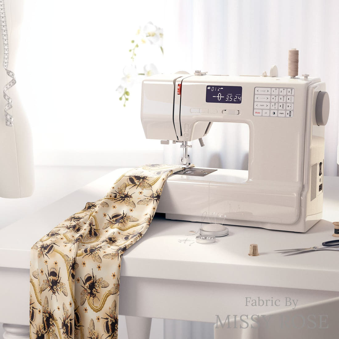 Design 56 Yellow Bee Fabric on a sewing machine – premium fabric for sewing projects | Fabric by Missy Rose