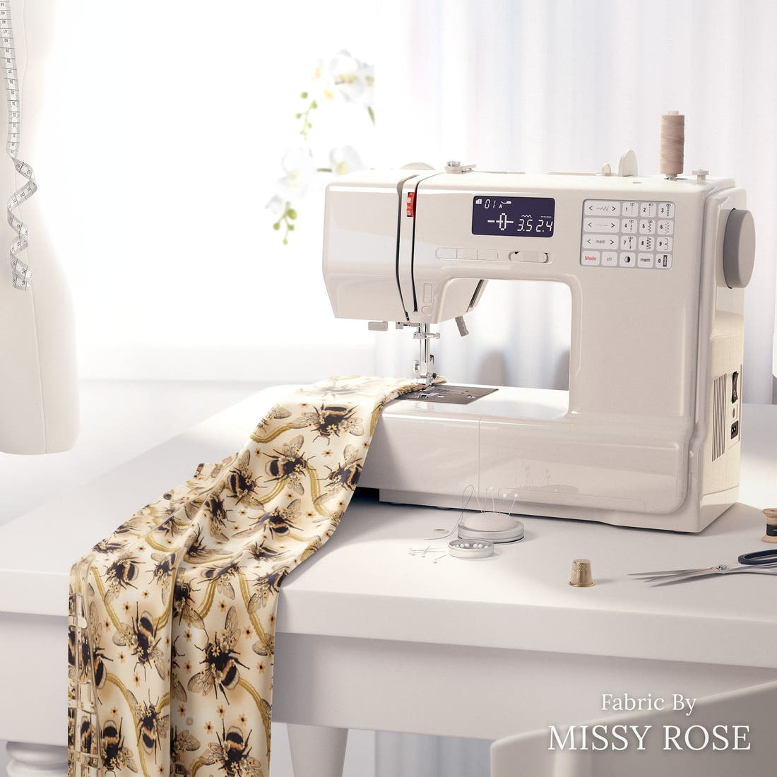 Design 56 Yellow Bee Fabric on a sewing machine – premium fabric for sewing projects | Fabric by Missy Rose