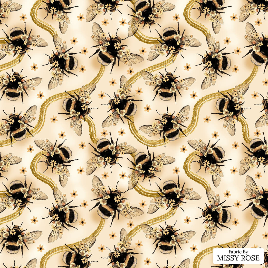 Design 56 Yellow Bee Fabric - flat view of the print, zoom in for detail | Fabric by Missy Rose
