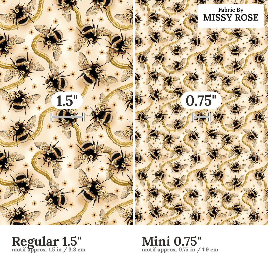 Design 56 Yellow Bee Fabric size comparison - print scale | Fabric by Missy Rose