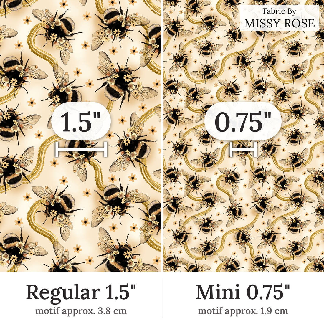 Design 56 Yellow Bee Fabric Regular 1.5 inch vs Mini 0.75 inch print scale side by side | Fabric by Missy Rose