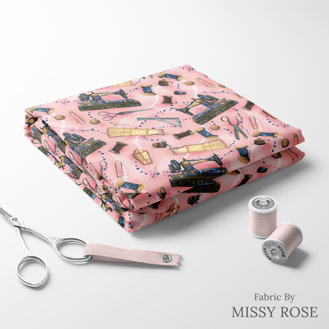 Design 560 Pink Sewing Fabric folded fabric stack with matching thread – pre-order fabric Australia | Fabric by Missy Rose