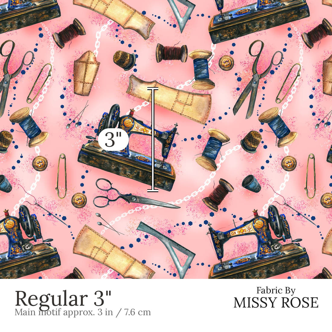 Design 560 Pink Sewing Fabric Regular 3 inch print scale guide | Fabric by Missy Rose