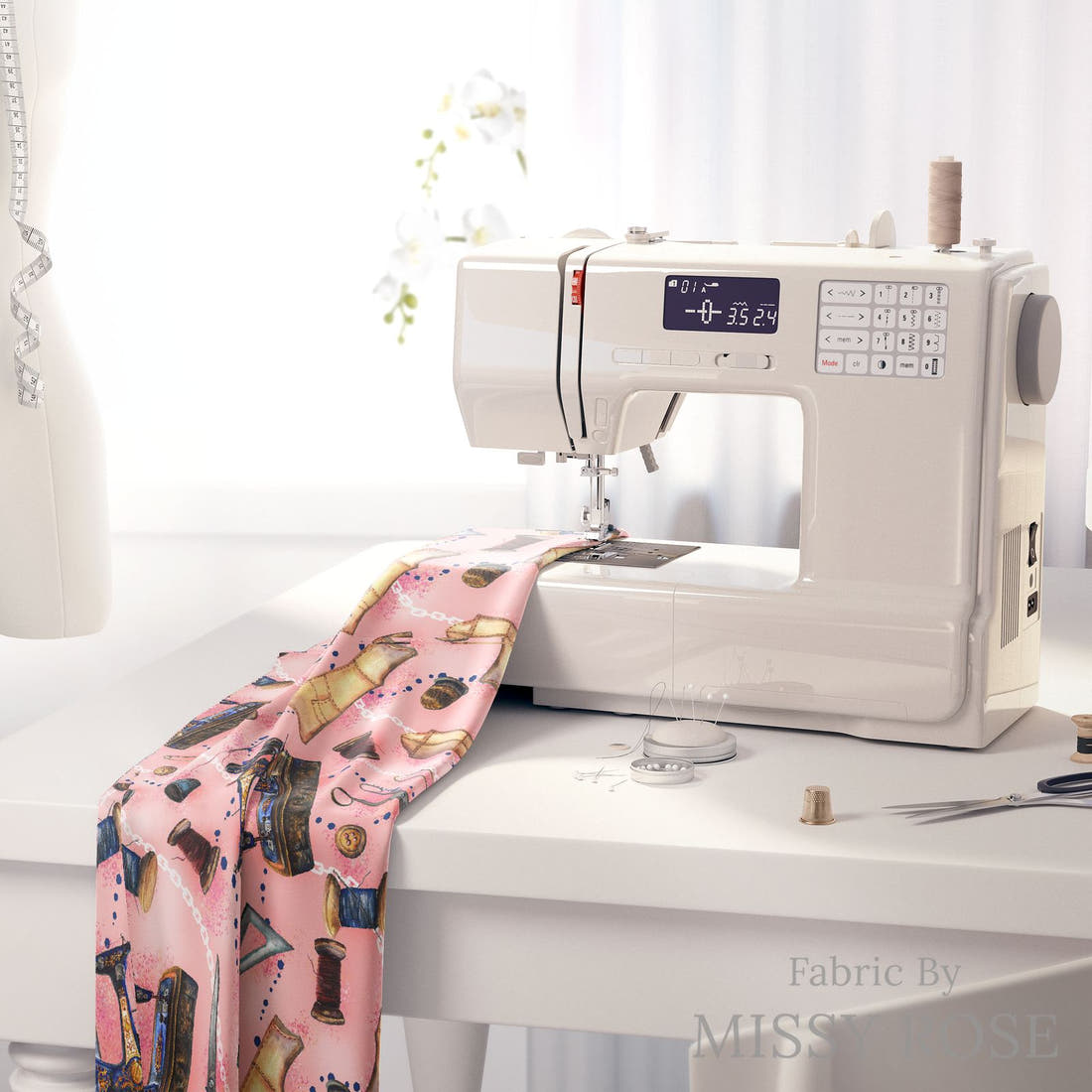 Design 560 Pink Sewing Fabric on a sewing machine – premium fabric for sewing projects | Fabric by Missy Rose