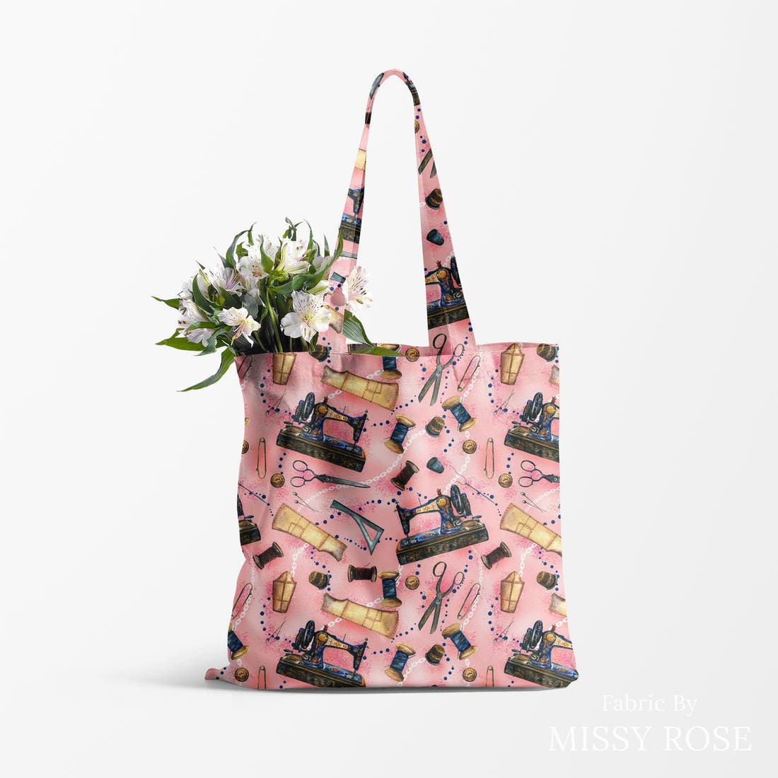 Design 560 Pink Sewing Fabric made up as a tote bag – see how the print looks made up | Fabric by Missy Rose