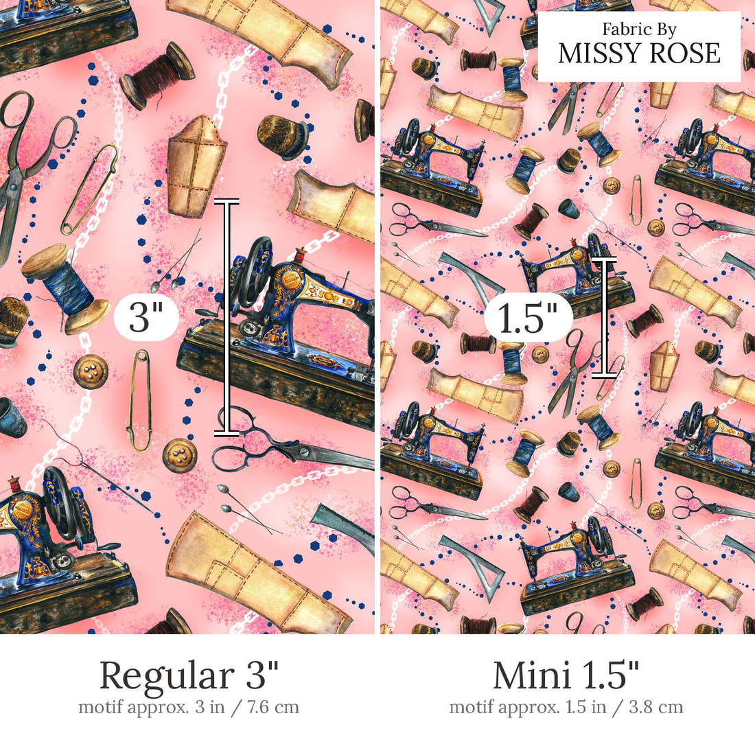Design 560 Pink Sewing Fabric Regular 3 inch vs Mini 1.5 inch print scale side by side | Fabric by Missy Rose