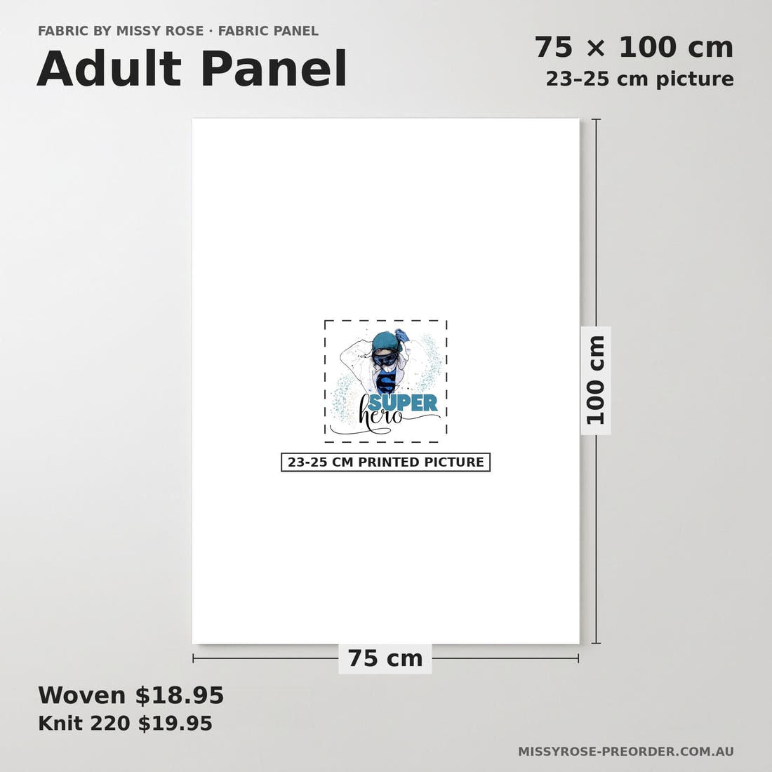 Design 561 Superhero Nurse Panel adult panel sizing – 23–25 cm printed picture on 75 × 100 cm fabric | Fabric by Missy Rose