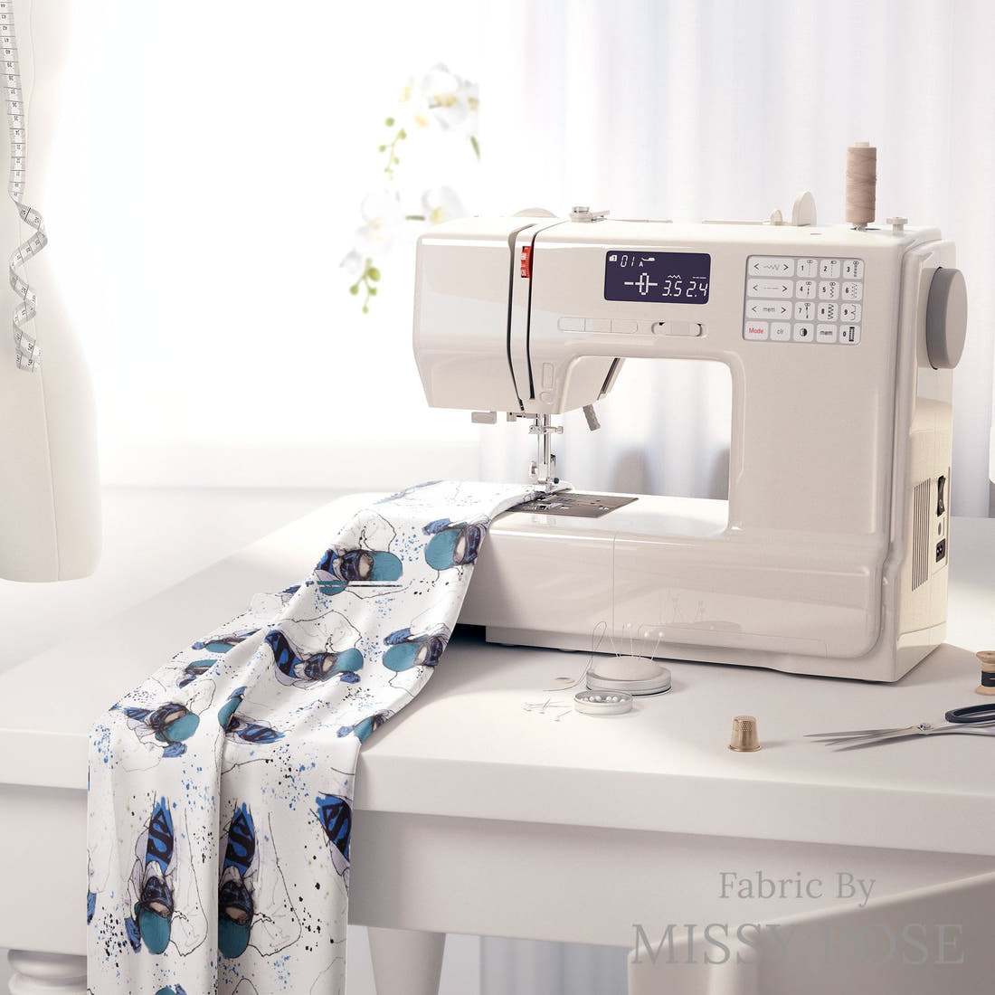 Design 561 Superhero Nurse Fabric on a sewing machine – premium fabric for sewing projects | Fabric by Missy Rose