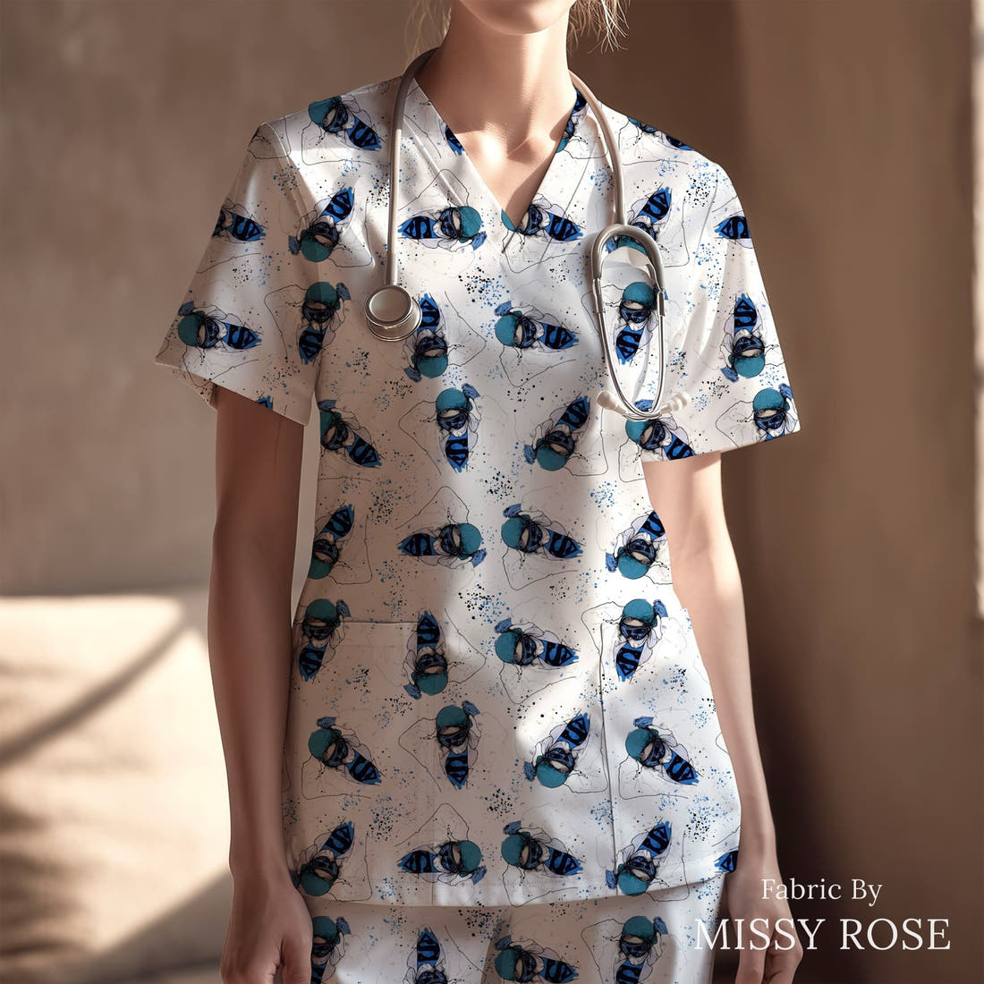 Design 561 Superhero Nurse Fabric sewn into a scrubs top – see how the print looks made up | Fabric by Missy Rose