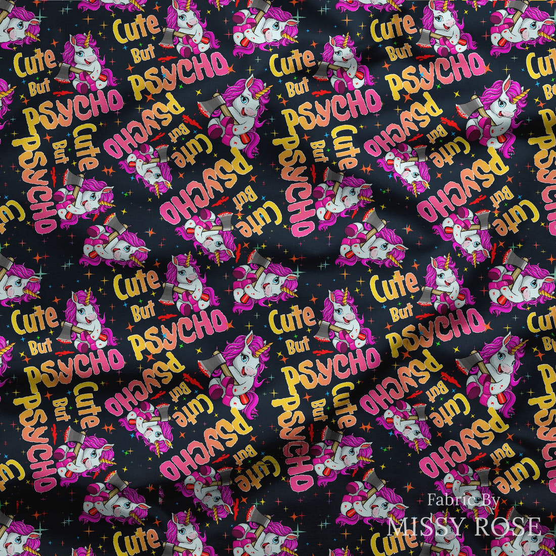 Design 562 Cute But Physco Fabric draped fabric mockup – custom printed fabric by the metre | Fabric by Missy Rose