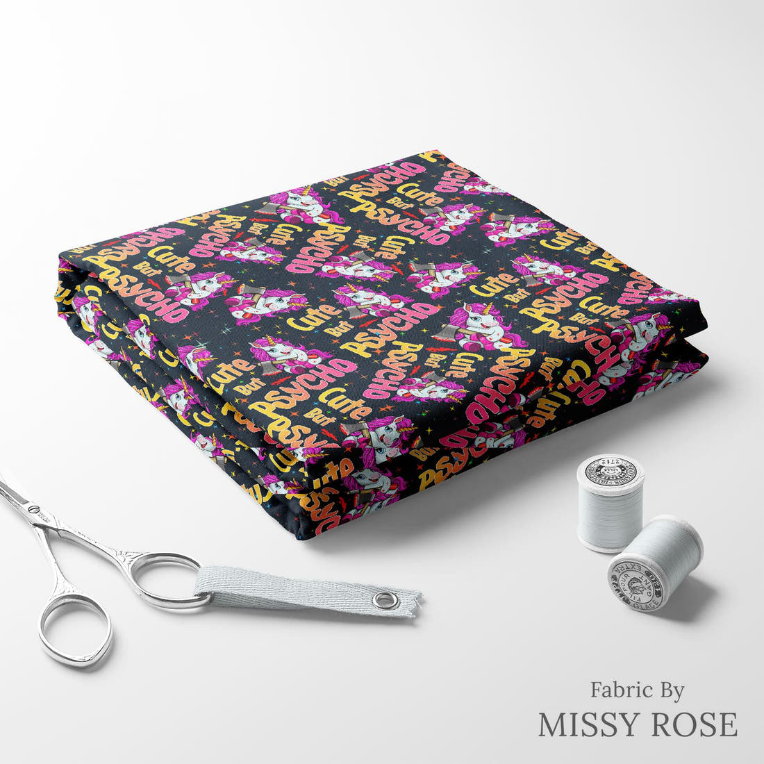 Design 562 Cute But Physco Fabric folded fabric stack with matching thread – pre-order fabric Australia | Fabric by Missy Rose