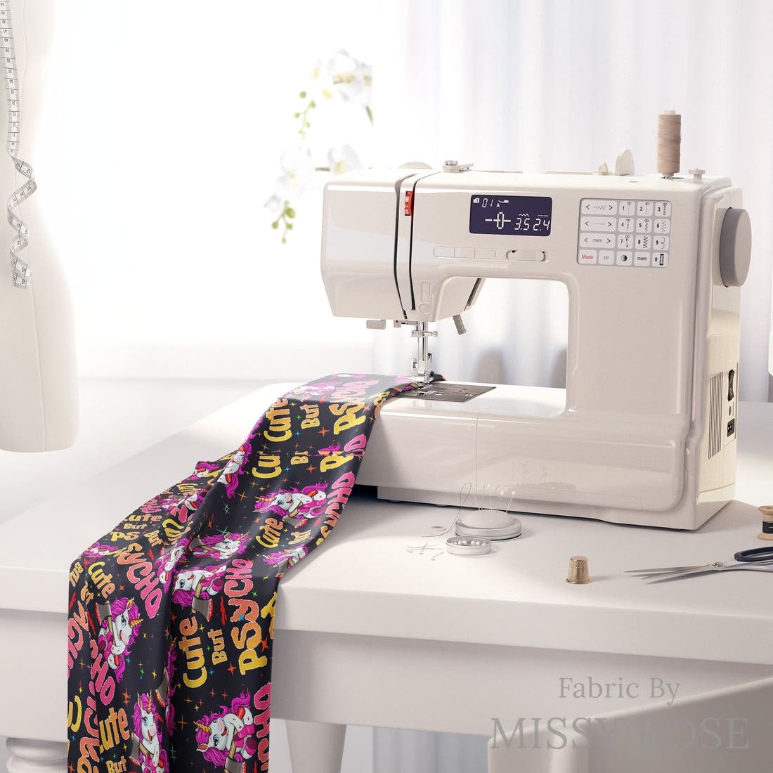 Design 562 Cute But Physco Fabric on a sewing machine – premium fabric for sewing projects | Fabric by Missy Rose