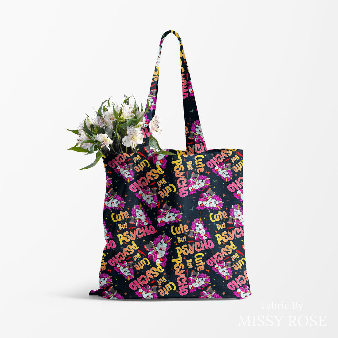 Design 562 Cute But Physco Fabric made up as a tote bag – see how the print looks made up | Fabric by Missy Rose