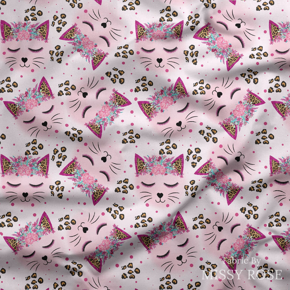 Design 563 Kitty Face Fabric draped fabric mockup – custom printed fabric by the metre | Fabric by Missy Rose