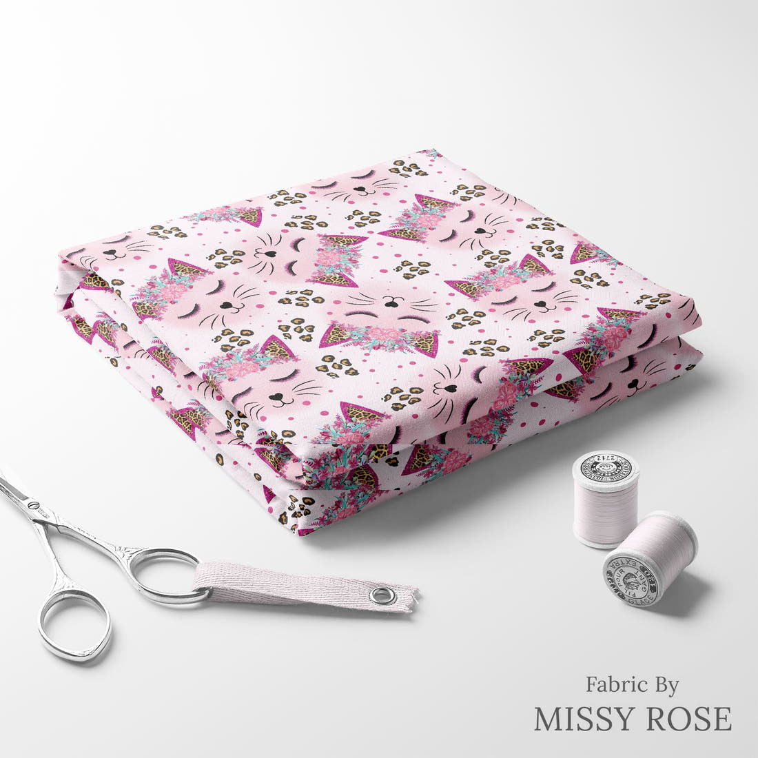 Design 563 Kitty Face Fabric folded fabric stack with matching thread – pre-order fabric Australia | Fabric by Missy Rose