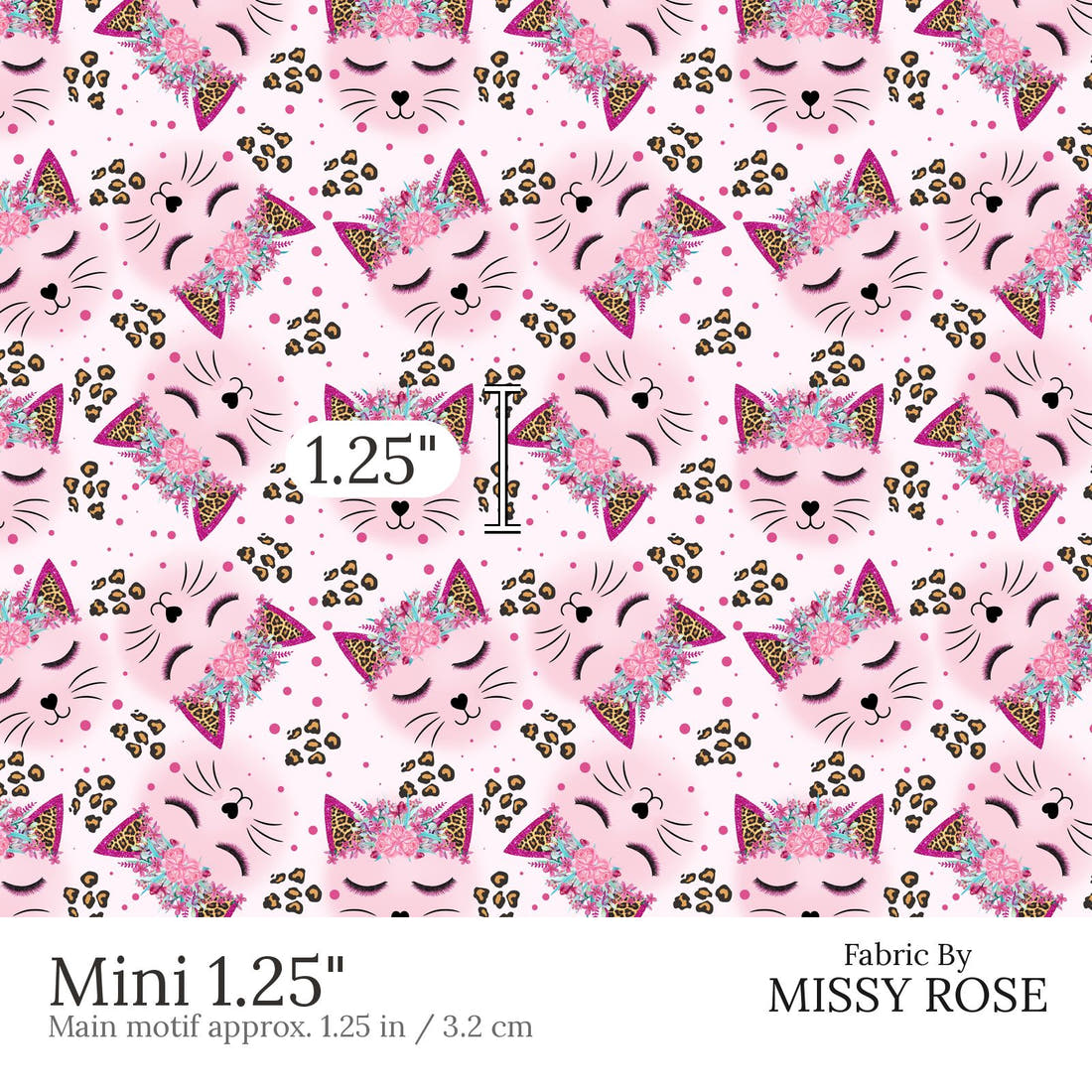 Design 563 Kitty Face Fabric Mini 1.25 inch print scale guide | Fabric by Missy Rose
