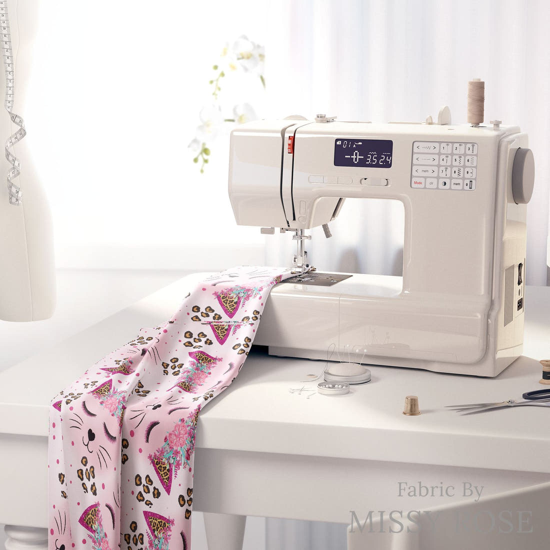 Design 563 Kitty Face Fabric on a sewing machine – premium fabric for sewing projects | Fabric by Missy Rose