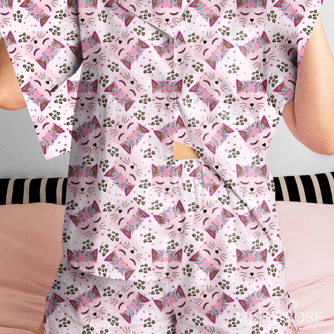 Design 563 Kitty Face Fabric sewn into a women's pyjama set – see how the print looks made up | Fabric by Missy Rose
