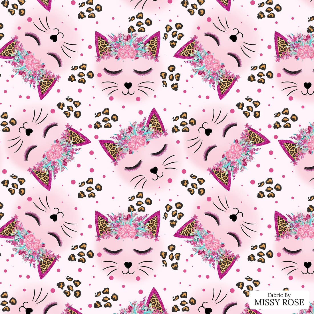 Design 563 Kitty Face Fabric - flat view of the print, zoom in for detail | Fabric by Missy Rose