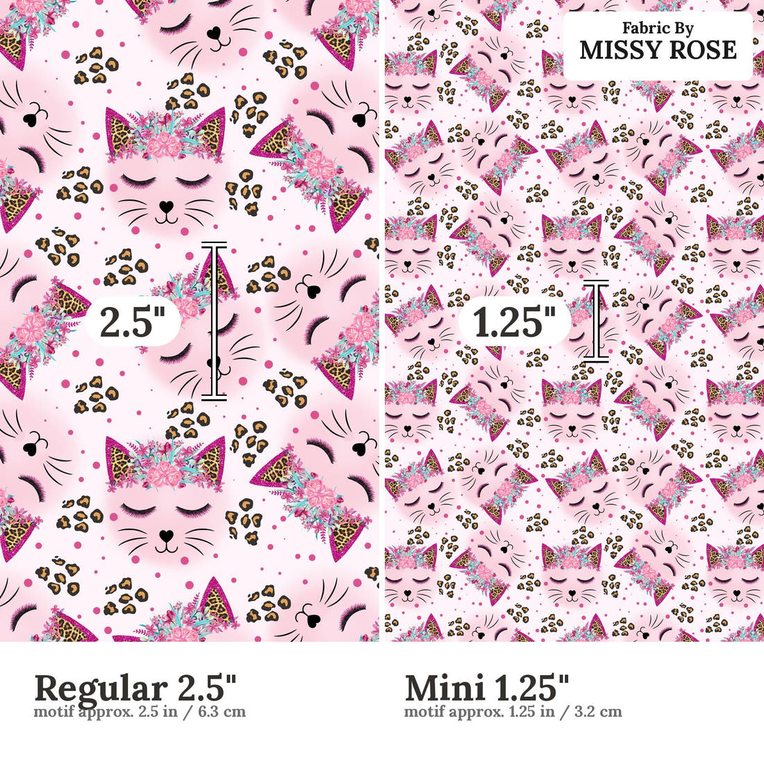 Design 563 Kitty Face Fabric size comparison - print scale | Fabric by Missy Rose