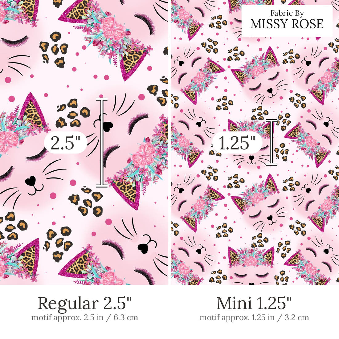 Design 563 Kitty Face Fabric Regular 2.5 inch vs Mini 1.25 inch print scale side by side | Fabric by Missy Rose