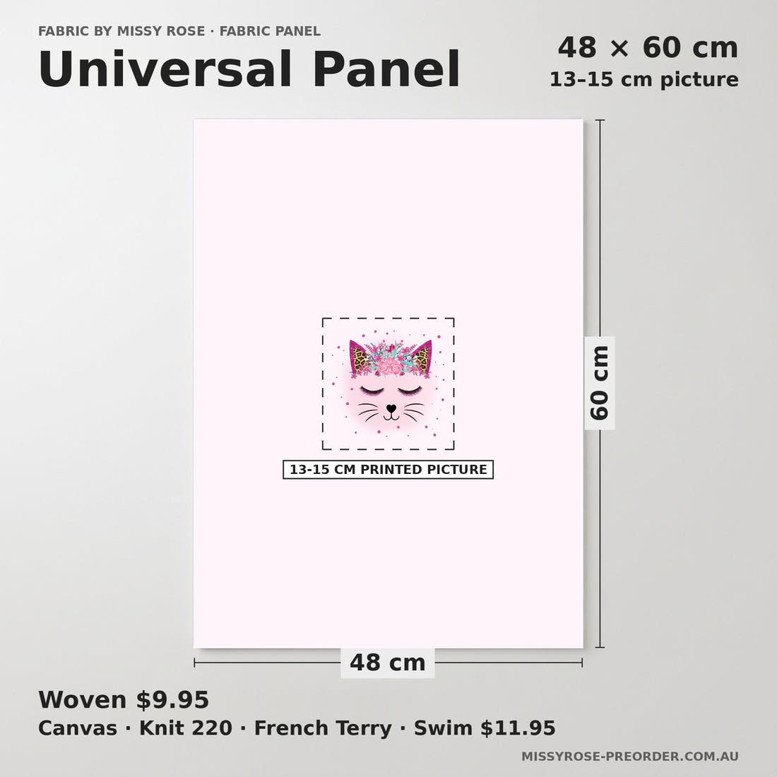 Design 563 Kitty Face Panel universal panel sizing – 13–15 cm printed picture on 48 × 60 cm fabric | Fabric by Missy Rose