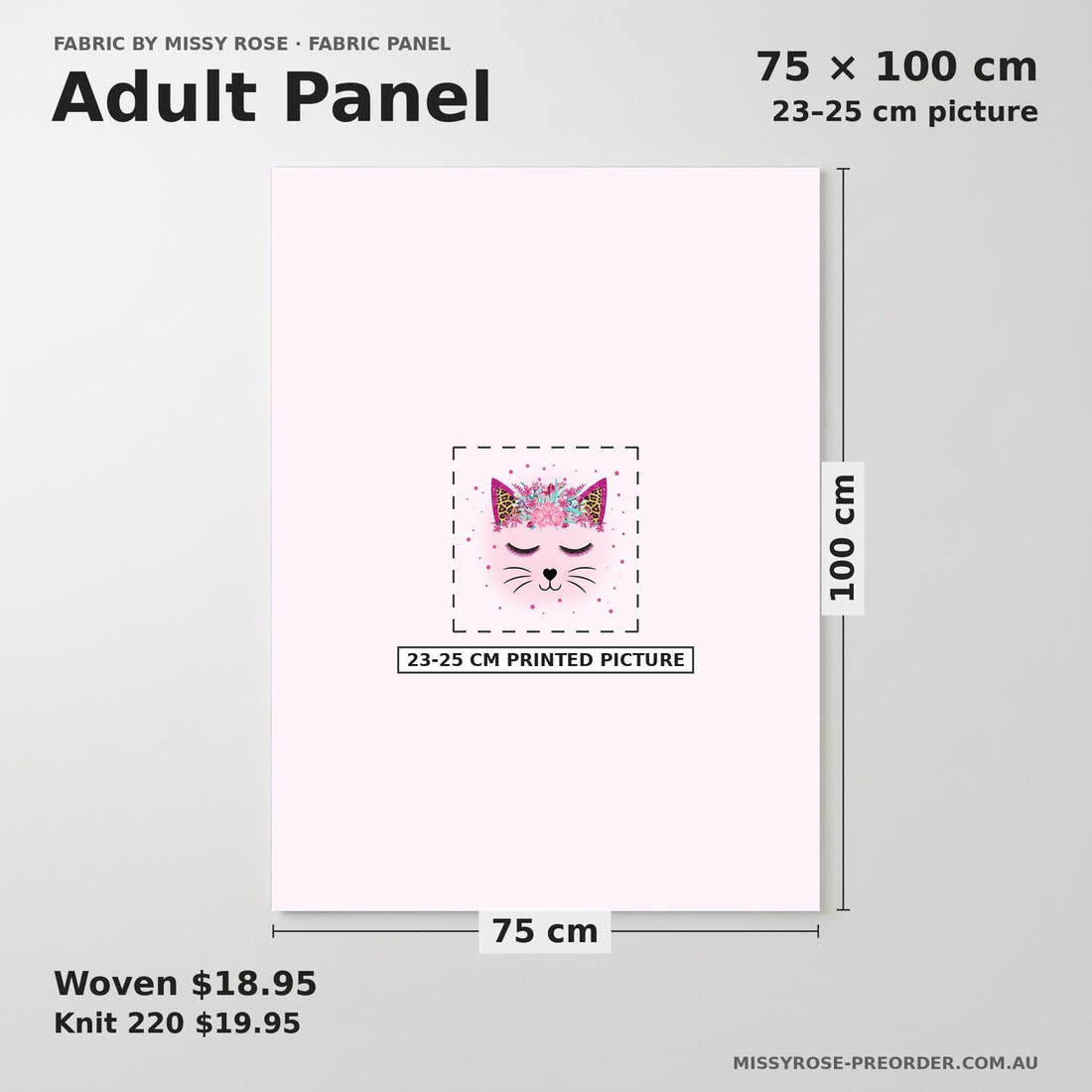 Design 563 Kitty Face Panel adult panel sizing – 23–25 cm printed picture on 75 × 100 cm fabric | Fabric by Missy Rose