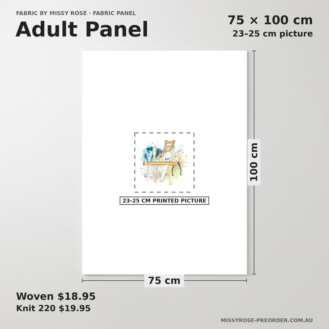 Design 564 Tools Panel adult panel sizing – 23–25 cm printed picture on 75 × 100 cm fabric | Fabric by Missy Rose