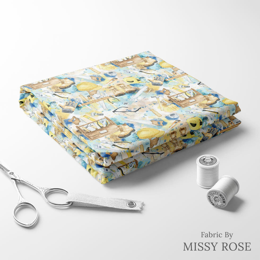 Design 564 Tools Fabric folded fabric stack with matching thread – pre-order fabric Australia | Fabric by Missy Rose