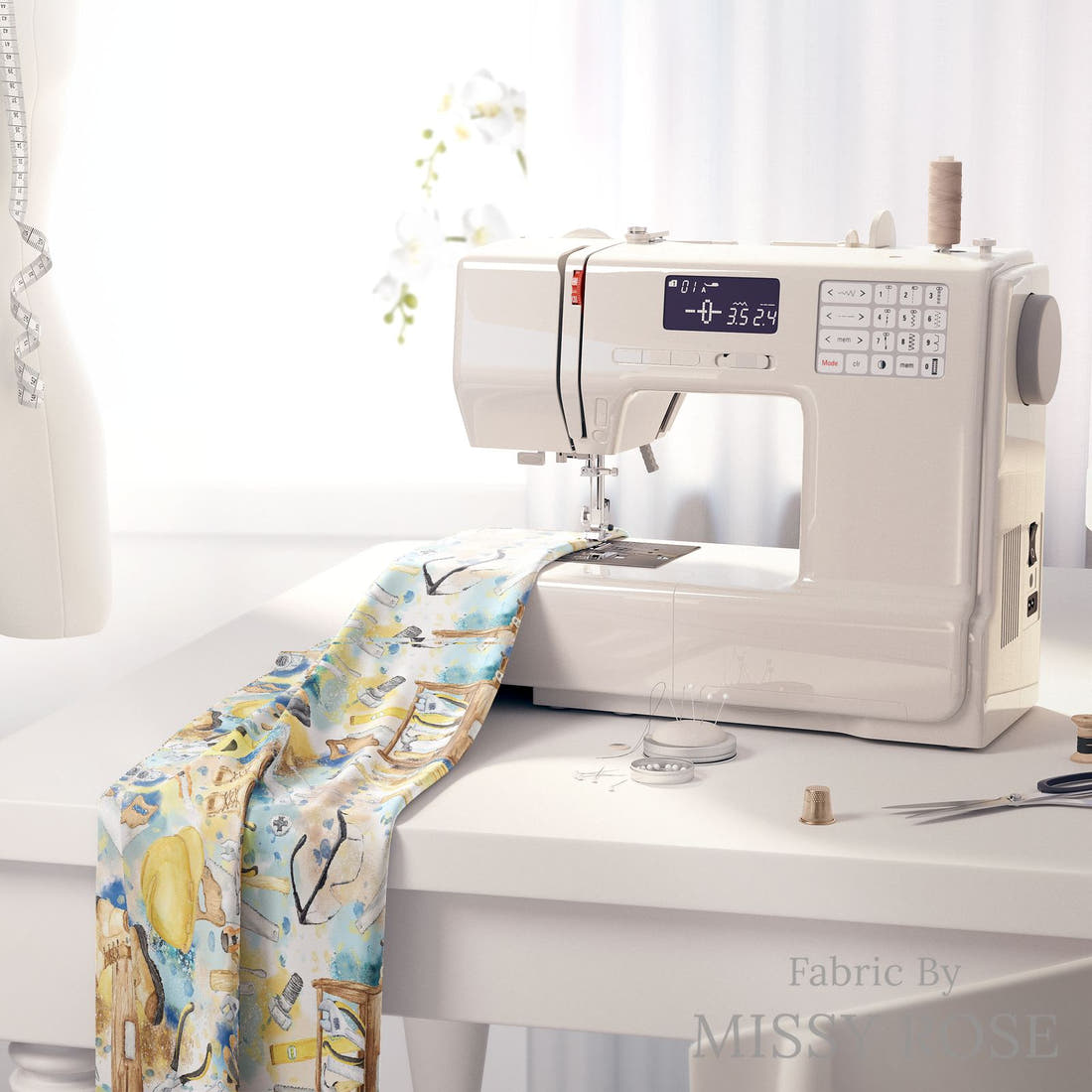 Design 564 Tools Fabric on a sewing machine – premium fabric for sewing projects | Fabric by Missy Rose