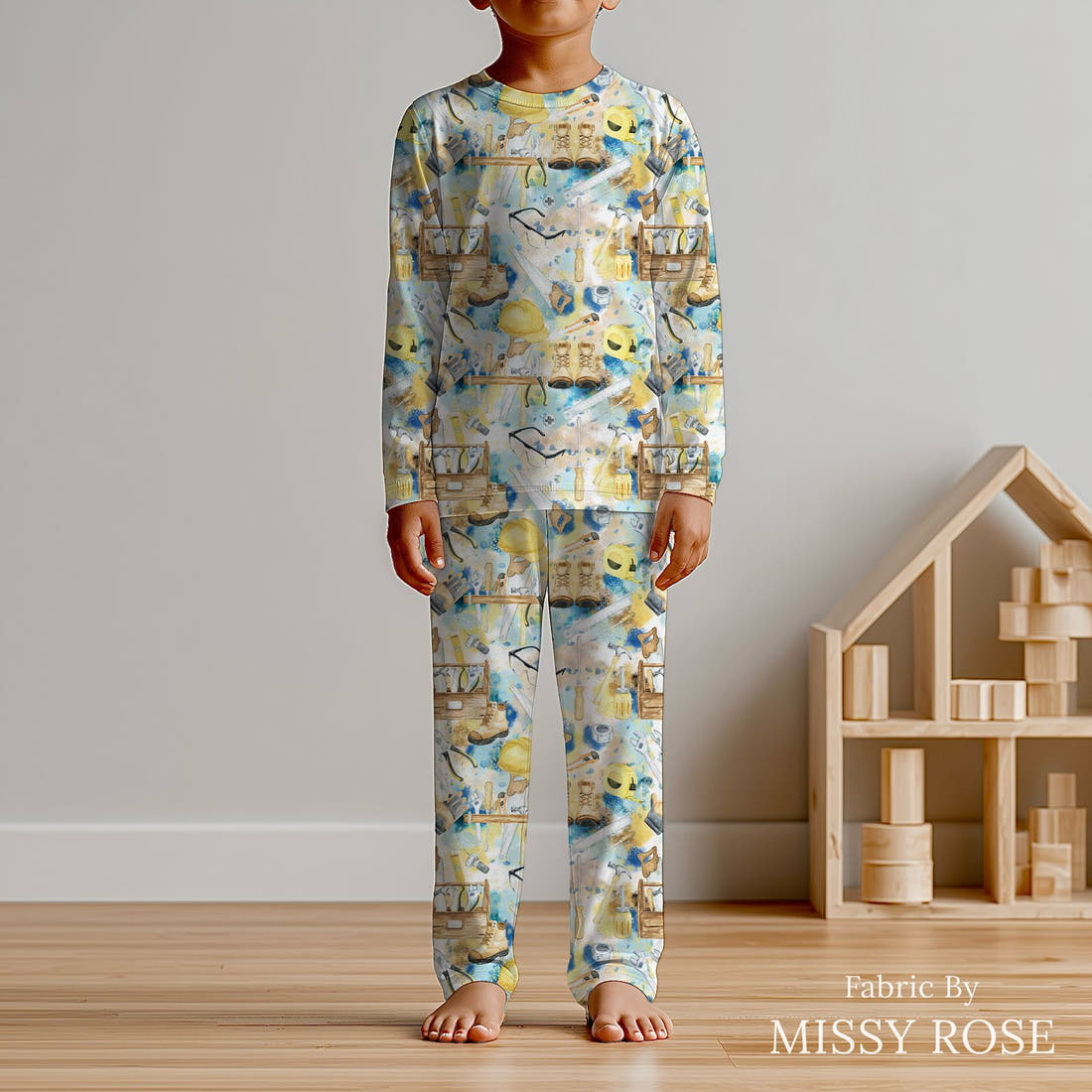 Design 564 Tools Fabric sewn into kids' pyjamas – see how the print looks made up | Fabric by Missy Rose