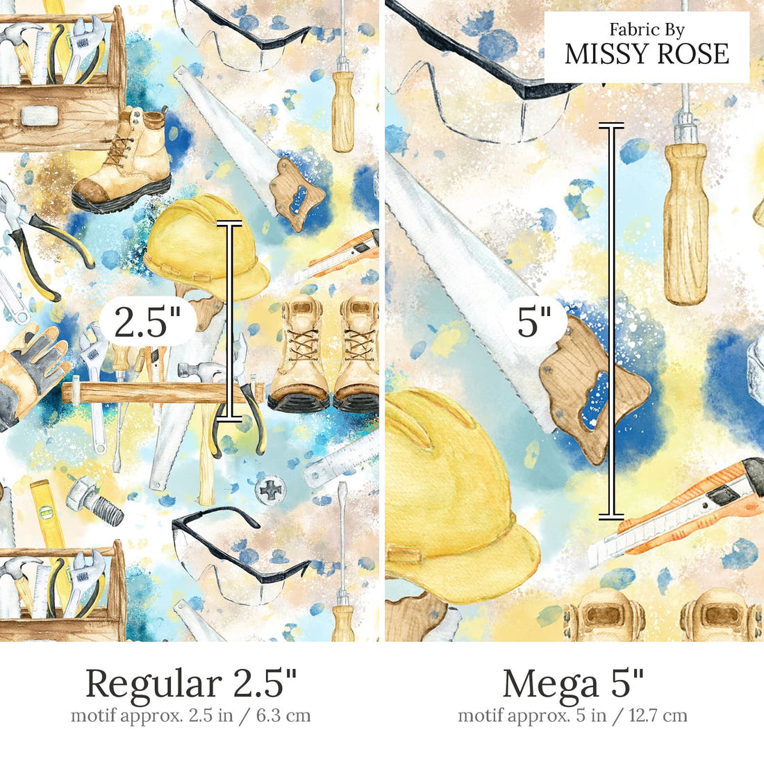 Design 564 Tools Fabric Regular 2.5 inch vs Mega 5 inch print scale side by side | Fabric by Missy Rose